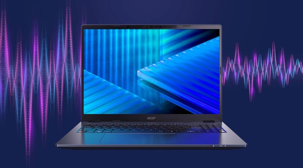 Laptop ACER TravelMate P4 16 TravelMate z technologią PurifiedVoice wyświetla fale dźwiękowe wokół ekranu podczas prowadzenia rozmów online i pracy zdalnej.