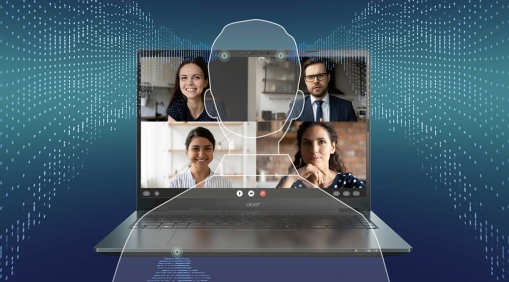 Laptop ACER TravelMate P4 16 TravelMate z kamerą AI prowadzi wideokonferencję z czterema uczestnikami podczas pracy hybrydowej i spotkań biznesowych.