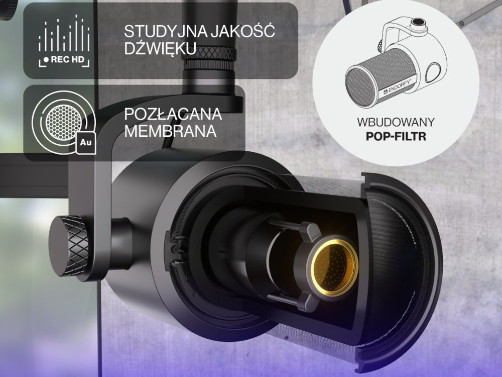 Mikrofon ENDORFY Solum Studio pozłacana membrana o średnicy 20 mm częstotliwość próbkowania do 96000 Hz wbudowany pop-filtr