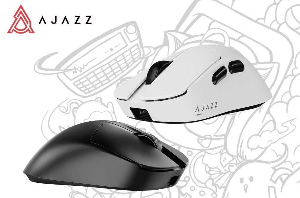 Na obrazie widoczne są dwie myszy komputerowe, jedna biała z napisem \'AJAZZ\', druga czarna. W tle znajduje się logo \'AJAZZ\' oraz ilustracja z różnymi kształtami.