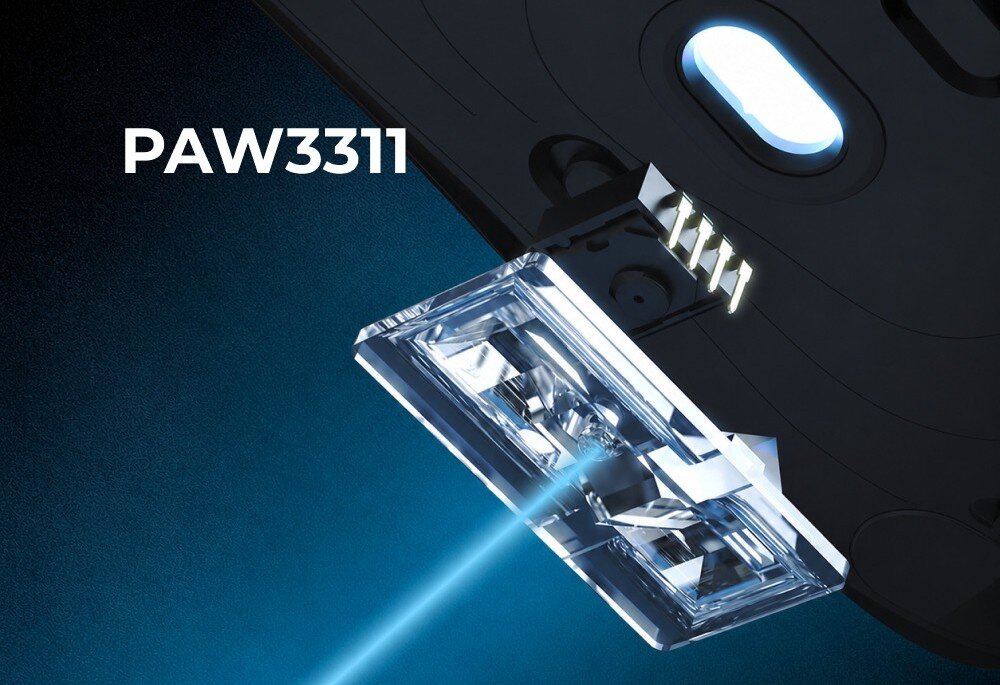 Obraz przedstawia zbliżenie na sensor optyczny myszy z niebieskim światłem laserowym. Widoczny jest napis \'PAW3311\'.