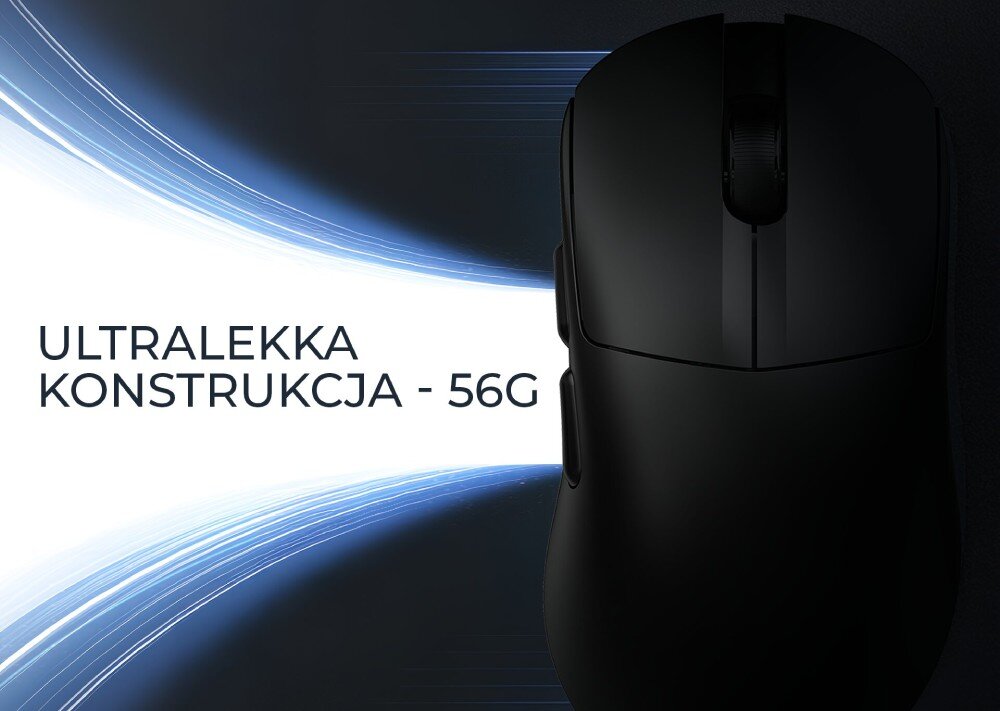 Czarna mysz komputerowa z napisem \'ULTRALEKKA KONSTRUKCJA - 56G\' na tle jasnego promienia światła.