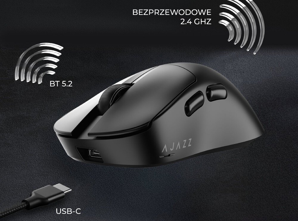 Czarna mysz komputerowa z logo AJAZZ, posiadająca dwa przyciski boczne i rolkę przewijania. Widoczne napisy: \'BT 5.2\', \'BEZPRZEWODOWE 2.4 GHZ\', \'USB-C\'.