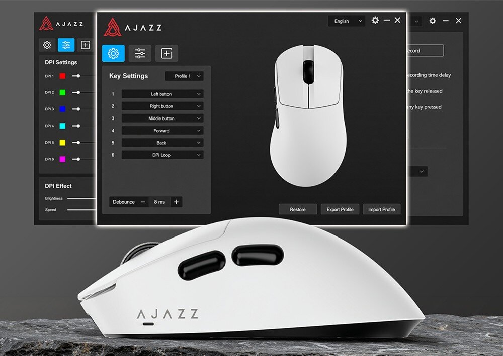 Na obrazie widoczna jest biała mysz komputerowa z logo AJAZZ oraz interfejs oprogramowania do jej konfiguracji. Oprogramowanie pokazuje ustawienia DPI i przypisania klawiszy, takie jak \'Left button\', \'Right button\', \'Middle button\'.