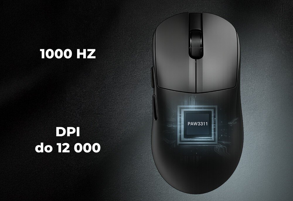 Czarna mysz komputerowa z widocznym napisem \'PAW3311\' na powierzchni. Obok myszki znajduje się tekst: \'1000 HZ DPI do 12 000\'.