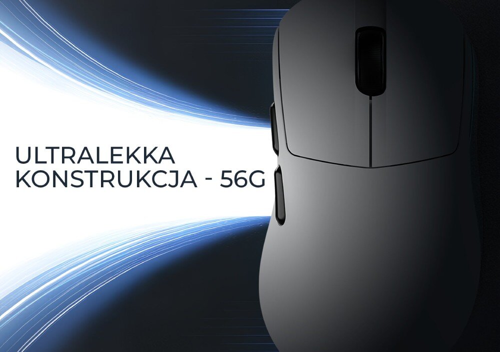 Obraz przedstawia mysz komputerową z napisem \'ULTRALEKKA KONSTRUKCJA - 56G\'.