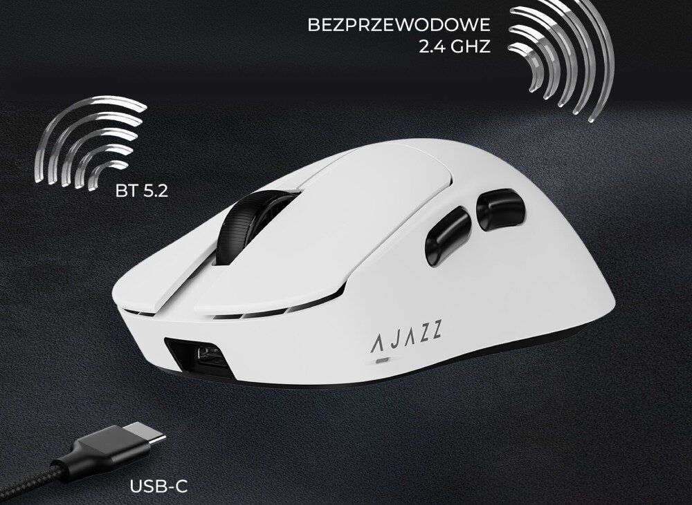 Biała mysz komputerowa z logo AJAZZ, posiadająca funkcje BT 5.2 i bezprzewodowe 2.4 GHz. Widoczny jest także kabel USB-C.