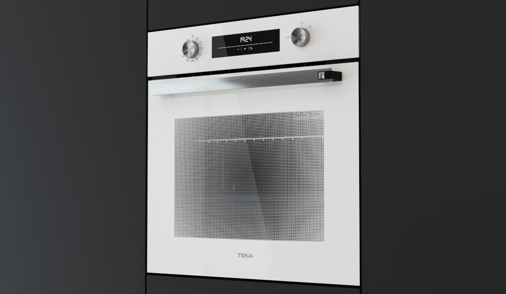 Piekarnik TEKA Neo HSB 6250 P WH Zdjęcie przedstawia piekarnik do zabudowy z białym frontem, czarną szybą i metalicznym uchwytem, zamontowany w ciemnej zabudowie kuchennej. Na górnym panelu widoczny jest wyświetlacz oraz dwa pokrętła odpowiadające za sterowanie funkcjami urządzenia