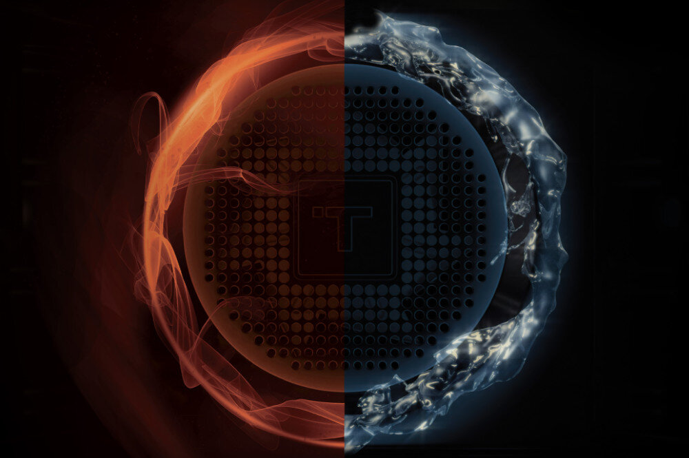 Piekarnik TEKA Neo HSB 6250 P WH Zdjęcie pokazuje podzieloną na pół grafikę, w której po lewej stronie widoczny jest efekt świetlny przypominający płomień, a po prawej dynamiczne ujęcie wody oplatającej okrągłą perforowaną powierzchnię. Obraz symbolizuje zestawienie technologii związanych z ciepłem i chłodzeniem lub energią i wodą dualclean hydroclean pyroliza czyszczenie piekarnika parowe