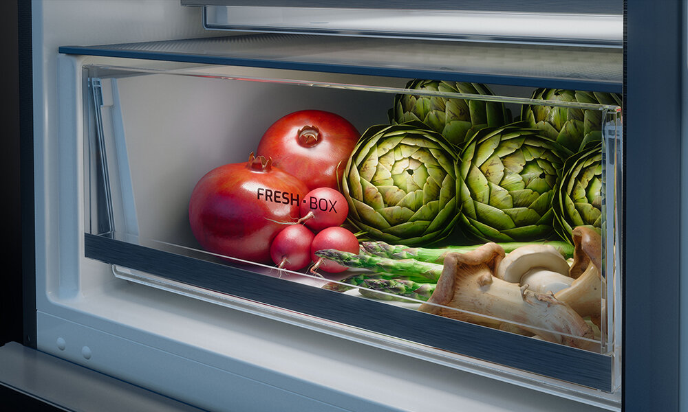 LODÓWKA TEKA RBF 88670 VAN GOGH NO FROST Szuflada Fresh Box wypełniona warzywami. Przeznaczona do przechowywania świeżych produktów FreshBox szuflada na warzywa i owoce świeżość warzyw chrupkość produktów