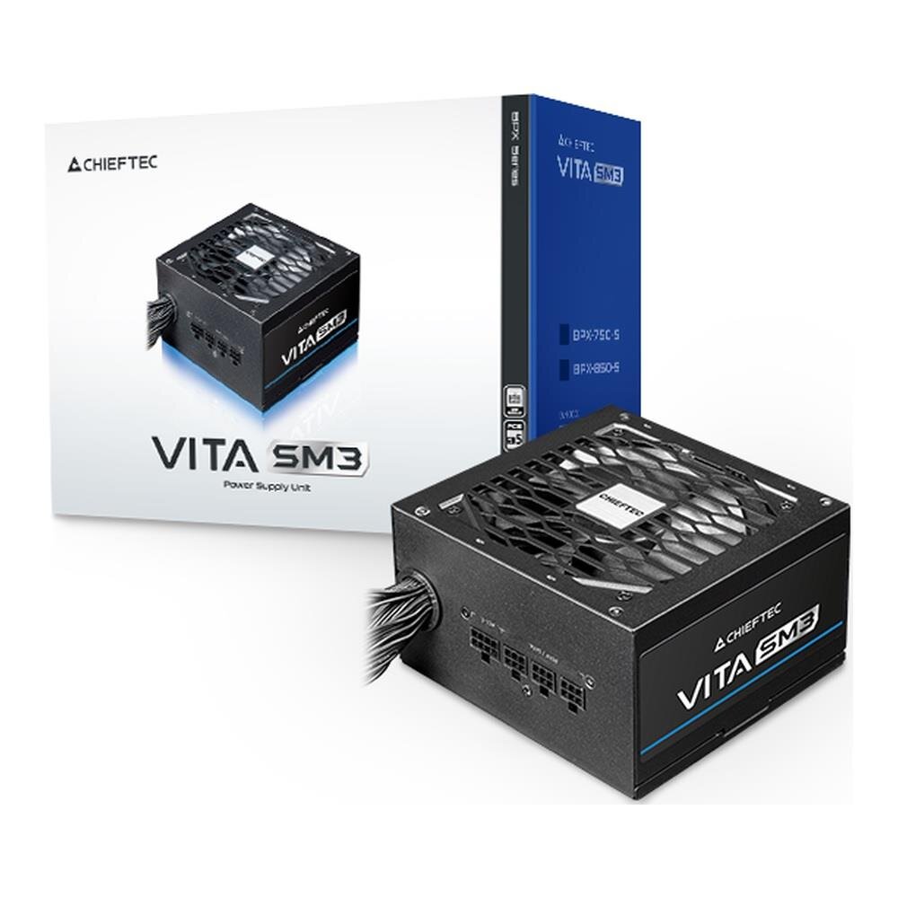 Na obrazie widoczny jest zasilacz komputerowy z logo Chieftec oraz napisami \'VITA SM3\' i \'Power Supply Unit\'. W tle znajduje się opakowanie z podobnymi oznaczeniami oraz dodatkowymi symbolami i napisami, w tym \'BFX-650C\'.