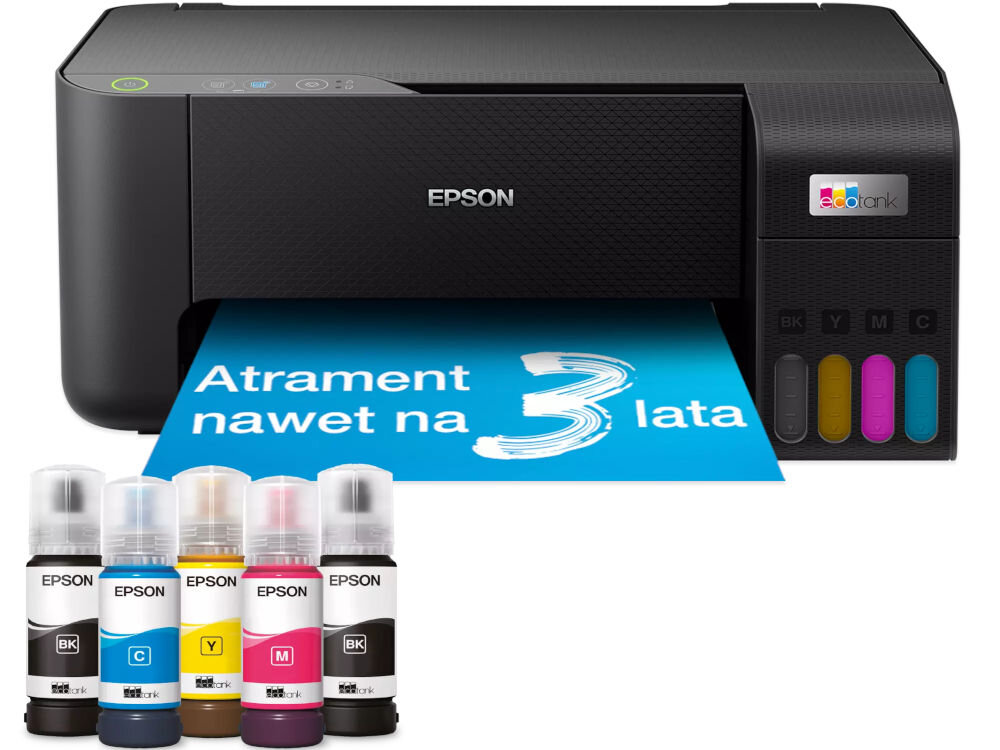 Urządzenie wielofunkcyjne EPSON EcoTank L3230 Druk w kolorze prezentacja urządzenia od przodu na białym tle przed butelki z atramentem wychodząca wydrukowana kartka z napisem atrament nawet na 3 lata system bez kartridży redukcja odpadów pojemniki na atrament