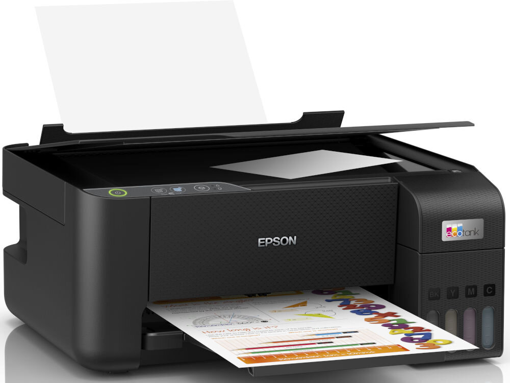 Urządzenie wielofunkcyjne EPSON EcoTank L3230 Druk w kolorze prezentacja urządzenia na jasnym tle od przodu pod kątem z wydrukowaną kartką Obsługa papieru od 64 do 300 g/m² w różnych zastosowaniach elastyczność