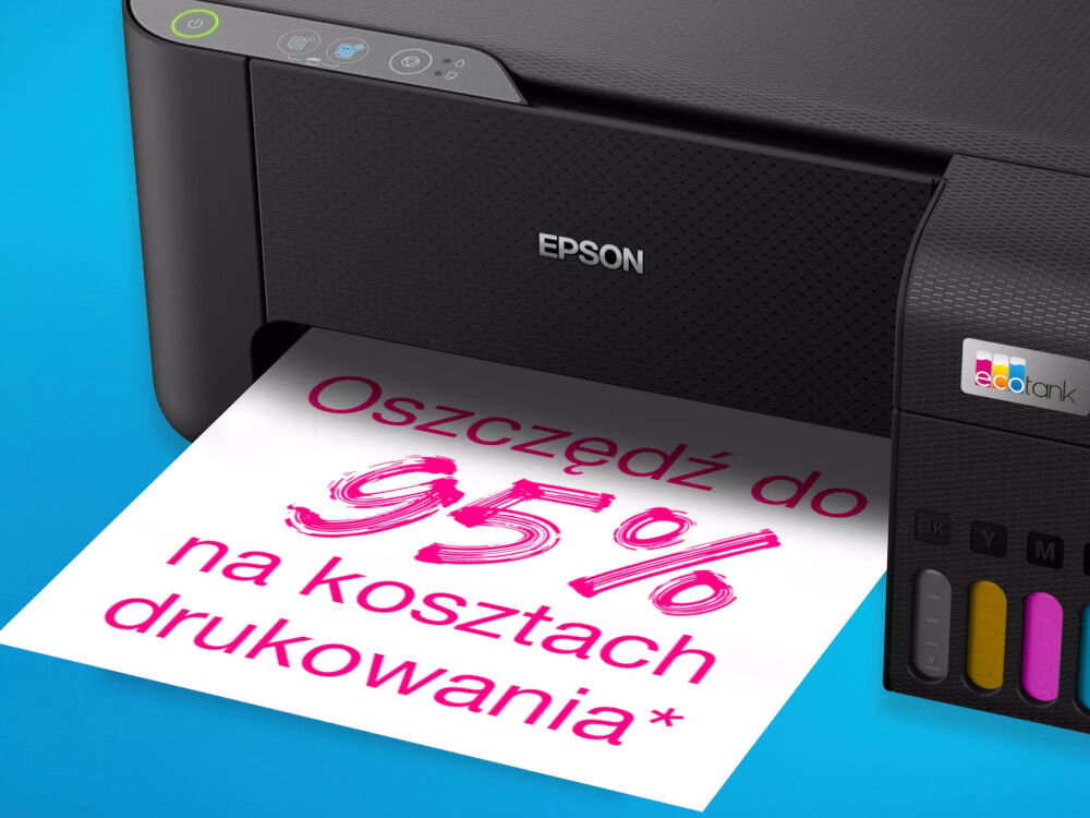 Urządzenie wielofunkcyjne EPSON EcoTank L3230 Druk w kolorze prezentacja urządzenia od przodu pod kątem na niebieskim tle z wydrukowaną kartką z napisem oszczędź do 95% na kosztach drukowania oszczędność kosztów częste drukowanie