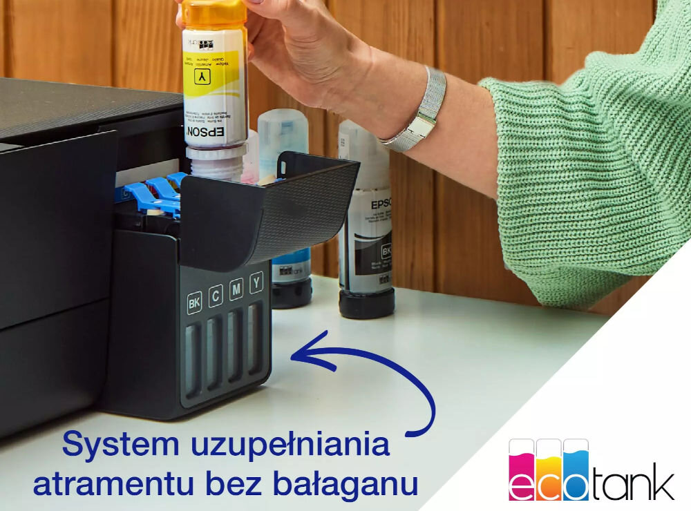 Urządzenie wielofunkcyjne EPSON EcoTank L3230 Druk w kolorze prezentacja napełniania pojemników atramentem napis system uzupełniania atramentu bez bałaganu ecotank bezproblemowe napełnianie ograniczenie ryzyka pomyłki komfort