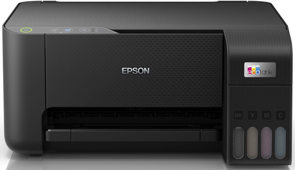 Urządzenie wielofunkcyjne EPSON EcoTank L3230 Druk w kolorze prezentacja urządzenia od przodu na białym tle wskaźnik atramentu z przodu kontrola zużycia