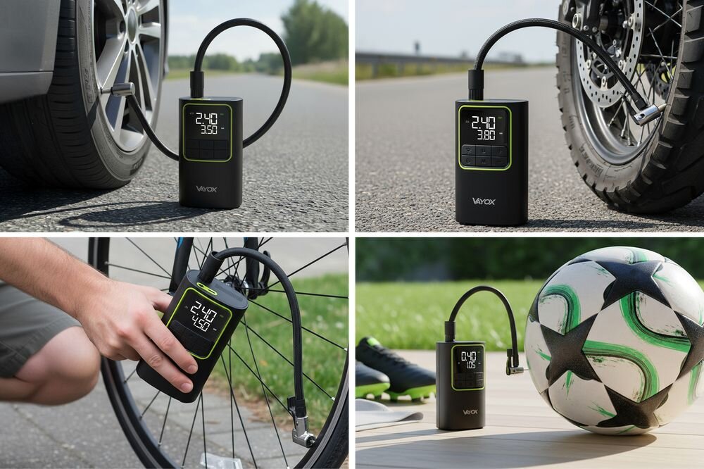 Na obrazie widoczna jest pompka rowerowa VAYOX z funkcją powerbanku, używana do pompowania opon samochodowych, rowerowych oraz piłki. Na wyświetlaczu urządzenia widoczne są wartości ciśnienia, a obok znajduje się logo \'VAYOX\'.