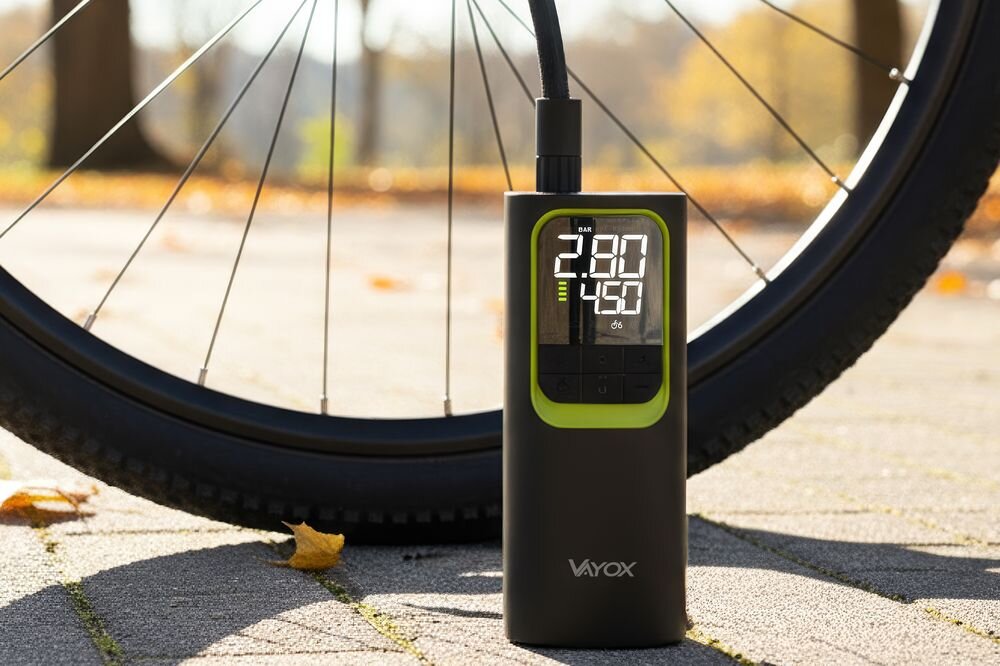 Pompka rowerowa VAYOX VA0410, uniwersalność, moc, ciśnienie, szybkość, Pompowanie koła rowerowego na świeżym powietrzu.