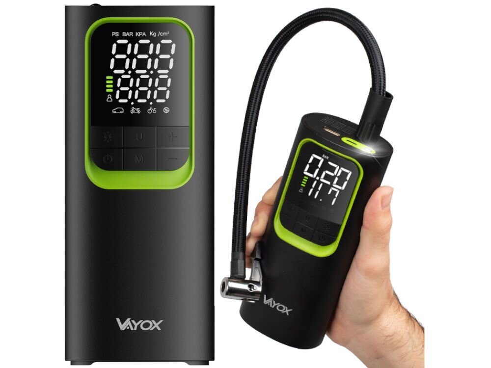 Pompka rowerowa VAYOX VA0410, latarka, automatyzacja, mobilność, komfort, Dwa ujęcia produktu z wyświetlaczem i latarką.