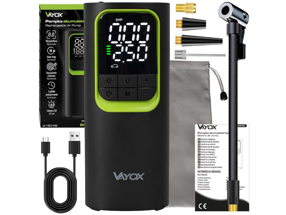 Pompka rowerowa VAYOX VA0410, zestaw, akcesoria, adaptery, końcówki, Zestaw z adapterami, końcówkami i przewodem USB.