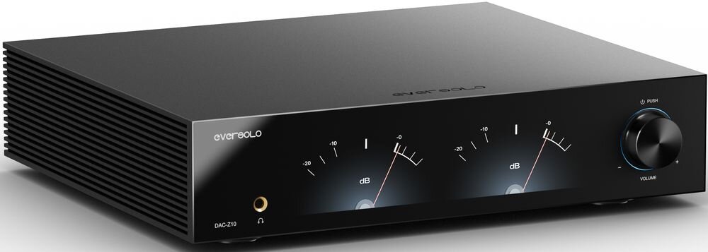 EVERSOLO DAC-Z10 aluminiowa obudowa 310x88x365 mm waga 9kg stabilna konstrukcja hi fi, przetwornik po skosie na jasnym tle
