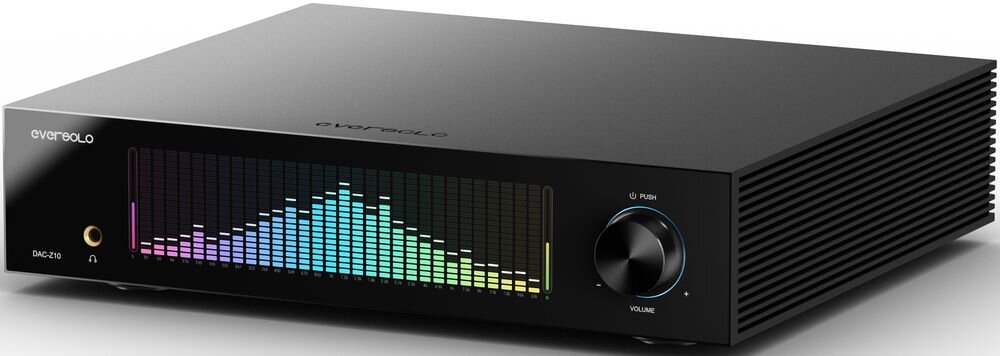 EVERSOLO DAC-Z10 złącza USB HDMI ARC AES XLR RCA Bluetooth 5.0 łączność audio, przetwornik po skosie na jasnym tle