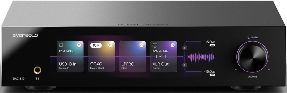 EVERSOLO DAC-Z10 pilot aplikacja mobilna sterowanie zdalne funkcje audio, przetwornik od frontu na jasnym tle