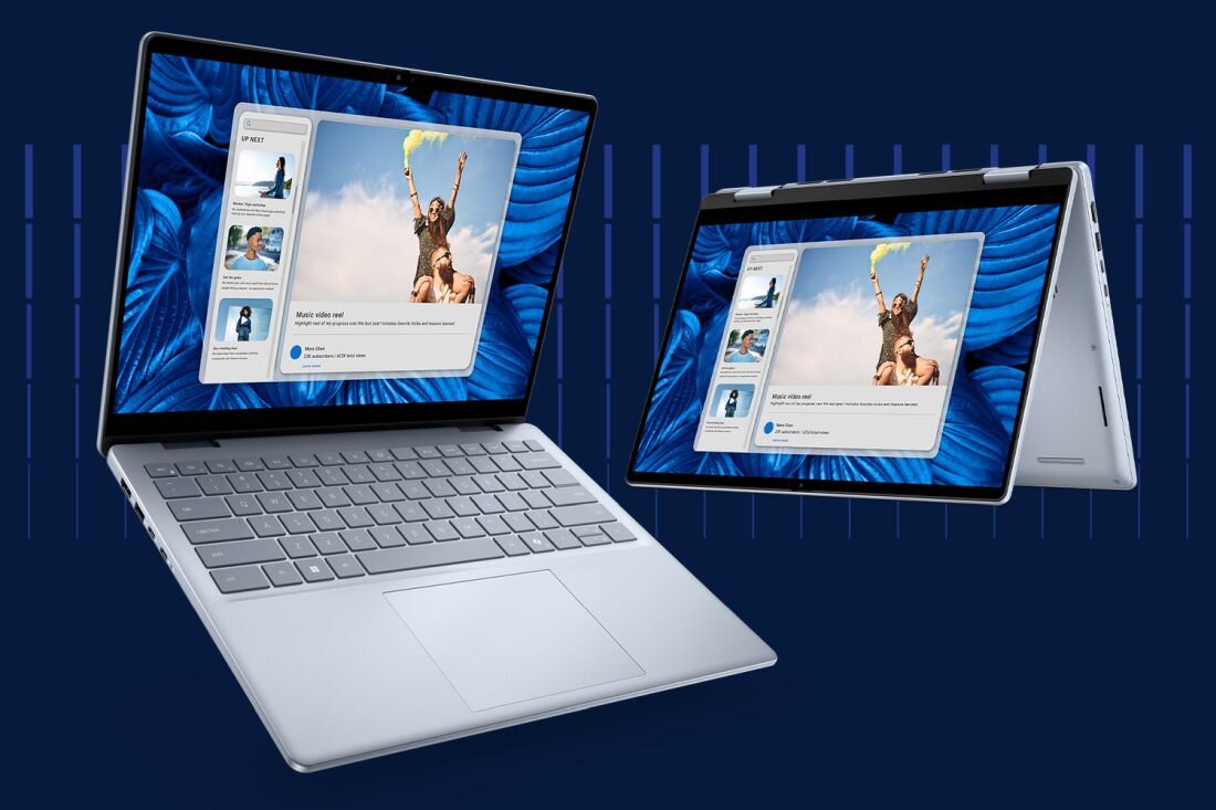 Obraz przedstawia dwa laptopy w różnych pozycjach: jeden otwarty, drugi w trybie namiotu. Na ekranach widoczny jest ten sam interfejs z dużym zdjęciem osoby z uniesionymi rękami oraz mniejszymi miniaturami po lewej stronie.