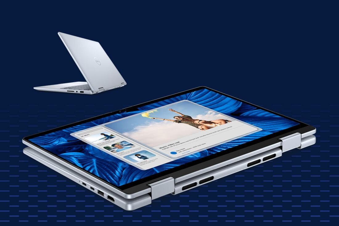 Na obrazie widoczne są dwa laptopy w różnych pozycjach: jeden w trybie tabletu z wyświetlonym ekranem, drugi w pozycji zamkniętej. Oba urządzenia mają srebrną obudowę i znajdują się na niebieskim tle z wzorem geometrycznym.