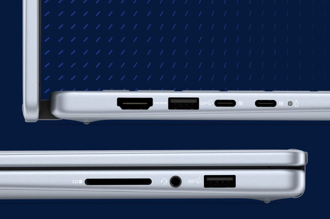 Obraz przedstawia dwa widoki boczne laptopa z różnymi portami. Widoczne są porty HDMI, USB, USB-C, gniazdo słuchawkowe oraz czytnik kart SD.