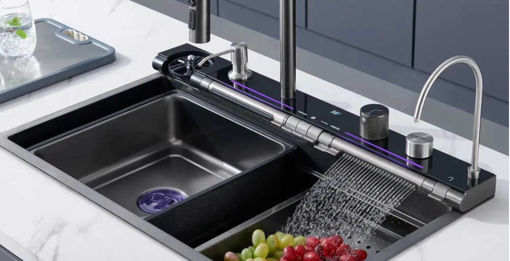 ZLEWOZMYWAK WIELOFUNKCYJNY BLIOTE Z WODOSPADAMI LUXURY wizualizacja woda wodospad Misa z otworami owoce winogrono Termostat Wyświetlacz LCD Podajnik mydła 