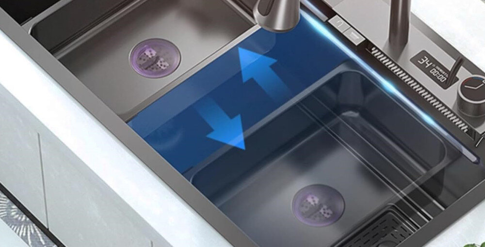 ZLEWOZMYWAK WIELOFUNKCYJNY BLIOTE Z WODOSPADAMI LUXURY wizualizacja strzałki kierunki komory puste Wielofunkcyjność funkcjonalność ergonomia wbudowane prowadnice akcesoria