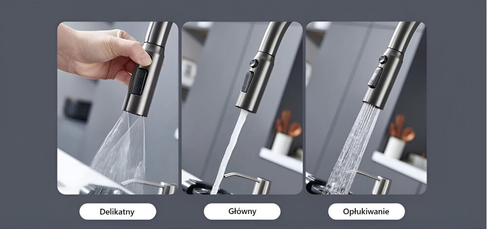 ZLEWOZMYWAK WIELOFUNKCYJNY BLIOTE Z WODOSPADAMI LUXURY wizualizacja 3 rodzaje strumienia woda wylewka strumień Wielofunkcyjna wylewka