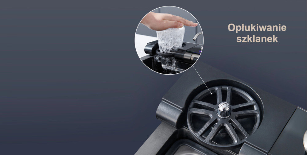 ZLEWOZMYWAK WIELOFUNKCYJNY BLIOTE Z WODOSPADAMI LUXURY wizualizacja zbliżenie Opłukiwanie szklanek stojak natrysk silny strumień wygoda higiena