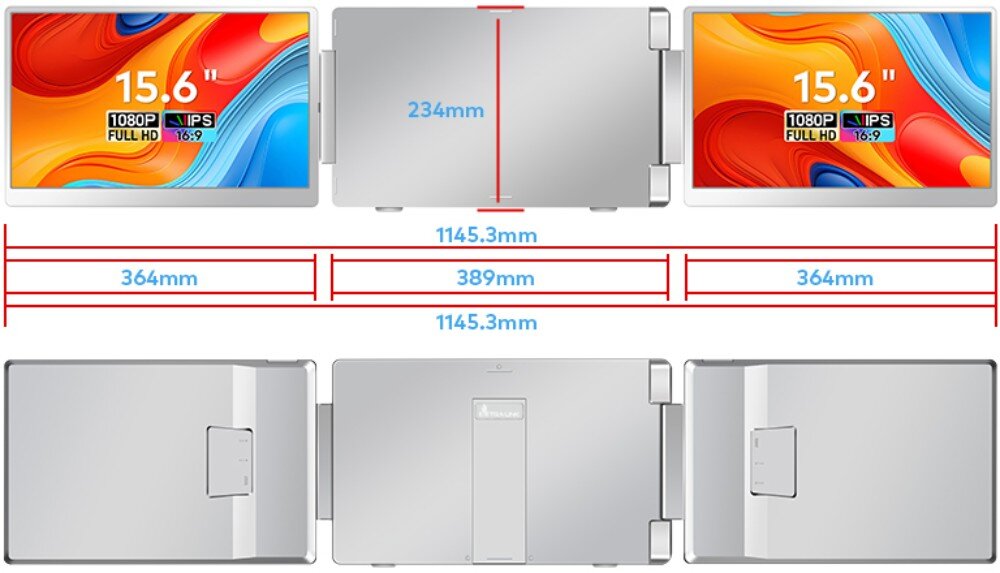 Monitor EXTRALINK Smart Life S10 Schemat wymiarów urządzenia z zaznaczoną wysokością 234 mm, szerokością całkowitą 1145,3 mm, wymiarem środkowej części 389 mm i bocznych po 364 mm każdy, z przodu i z tyłu widoczne ekrany , matryce IPS, rozdzielczość, parametry, jasność