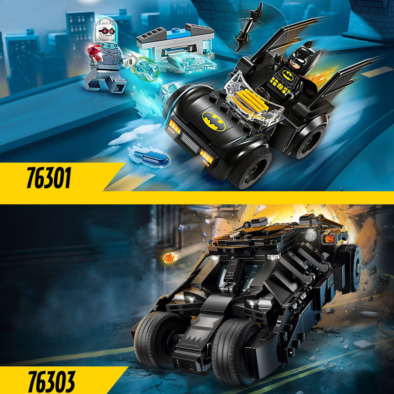 Obraz przedstawia dwa zestawy LEGO z serii Batman. Na górze widoczny jest pojazd z minifigurką Batmana i numerem 76301, a na dole czarny pojazd z numerem 76303.