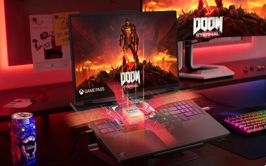 Zbliżenie na procesor AMD Ryzen 9 9955HX na płycie głównej z zielonymi obwodami cyfrowymi, abstrakcyjne linie technologiczne turkusowe fioletowe białe w tle, wizualizacja mocy obliczeniowej – laptop LENOVO Legion Pro 5 16AFR10 83F2001EPB dysk SSD NVMe pamięć DDR5-5600 32 GB