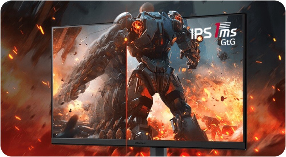 Monitor LG UltraGear 27GS75Q-B 27 2560x1440px IPS 200Hz 1 ms [GTG] monitor z obrazem z gry na ekranie podzielonym na połowy z jedną migającą połową czas reakcji matryca kąty widzenia