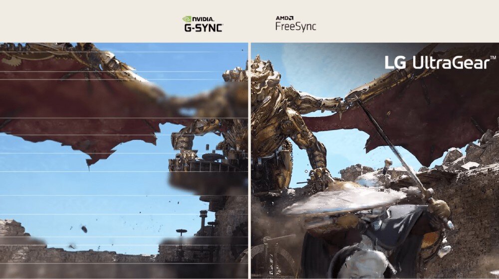 Monitor LG UltraGear 27GS75Q-B 27 2560x1440px IPS 200Hz 1 ms [GTG] obraz z porównaniem jakości z technologią NVIDIA G-SYNC i AMD FreeSync do zwykłych monitorów z widocznymi artefaktami