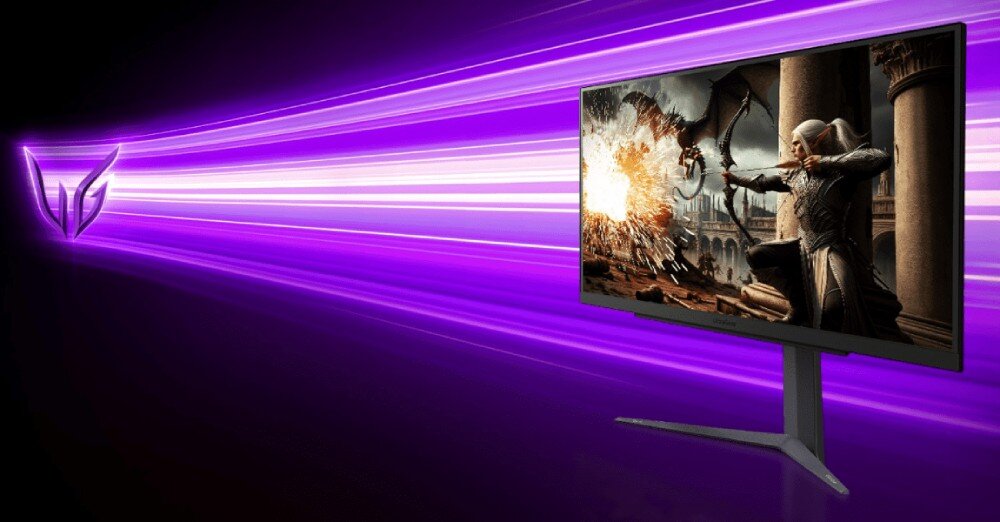 Monitor LG UltraGear 27GS75Q-B 27 2560x1440px IPS 200Hz 1 ms [GTG] monitor z sceną gry wideo z postacią łucznika tło obrazu składa się z fioletowych smug i logo po lewej stronie ochrona wzroku migotanie niebieskie światło