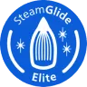 Niebieska ikona z białym symbolem stopy żelazka i napisem \'SteamGlide Elite\'.