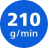 Niebieskie koło z białym napisem \'210 g/min\'.