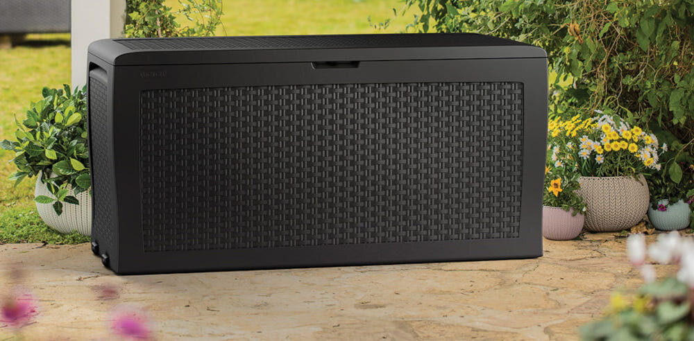 Skrzynia ogrodowa KETER 247468 270L Cappuccino funkcjonalny produkt schowek dodatkowe miejsce do siedzenia maksymalny nacisk an pokrywę do 150 kg