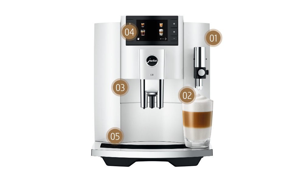Ekspres JURA Piano White (EC) duza jednostka zaparzajaca Proces Ekstrakcji Pulsacyjnej (P.E.P.®) Czytelny wyświetlacz 3,5-calowy 17 specjałów kawowych zakres kawa obsługa