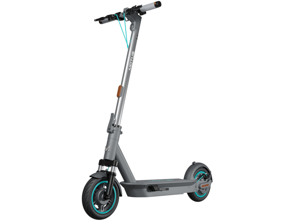 Hulajnoga elektryczna MOTUS Scooty 10 Plus Gen 6 65km 500W Amortyzacja 10 cali Szary hulajnoga widoczna od przodu pod skosem zdjęcie na białym 3 tryby jazdy tryb pieszy prędkość do 6 km/h tryb standardowy prędkość do 15 km/h tryb sportowy prędkość do 20 km/h