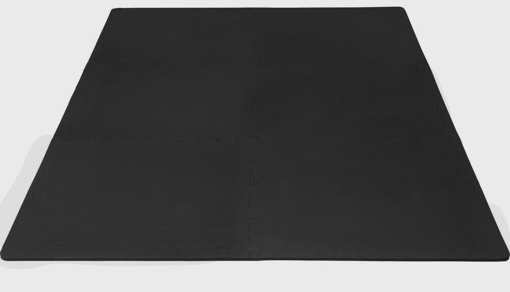 Mata pod sprzęt fitness GORILLA SPORTS chroni podłogę przed zniszczeniem piankowa struktura amortyzuje uderzenia, redukuje drgania oraz pochłania dźwięki odporności na wilgoć łatwemu czyszczeniu - panele maty na białym tle