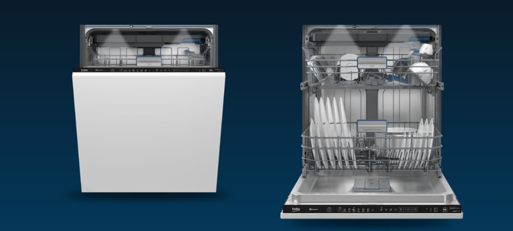 ZMYWARKA BEKO MEDIN3755A niebieskie tło zmywarka otwarta uchylona wnętrze kosze naczynia Dotykowy panel łatwa obsługa oświetlenie wnętrza Czujnik zabrudzenia