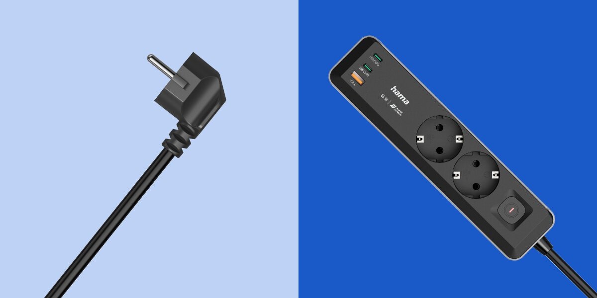 Listwa HAMA Schuko 223193 (1.4 m) - Listwa zasilająca Hama z 2 gniazdami i 3 portami USB, listwa wraz z wtyczką na niebieskim tle