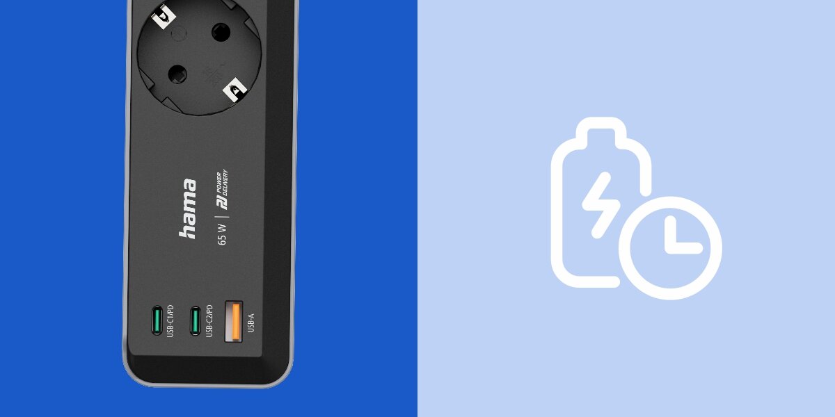 Listwa HAMA Schuko 223193 (1.4 m) - Listwa Hama z 2 USB-C i 1 USB-A do szybkiego ładowania, kadr na listwę z wtykami USB-C oraz USB-A