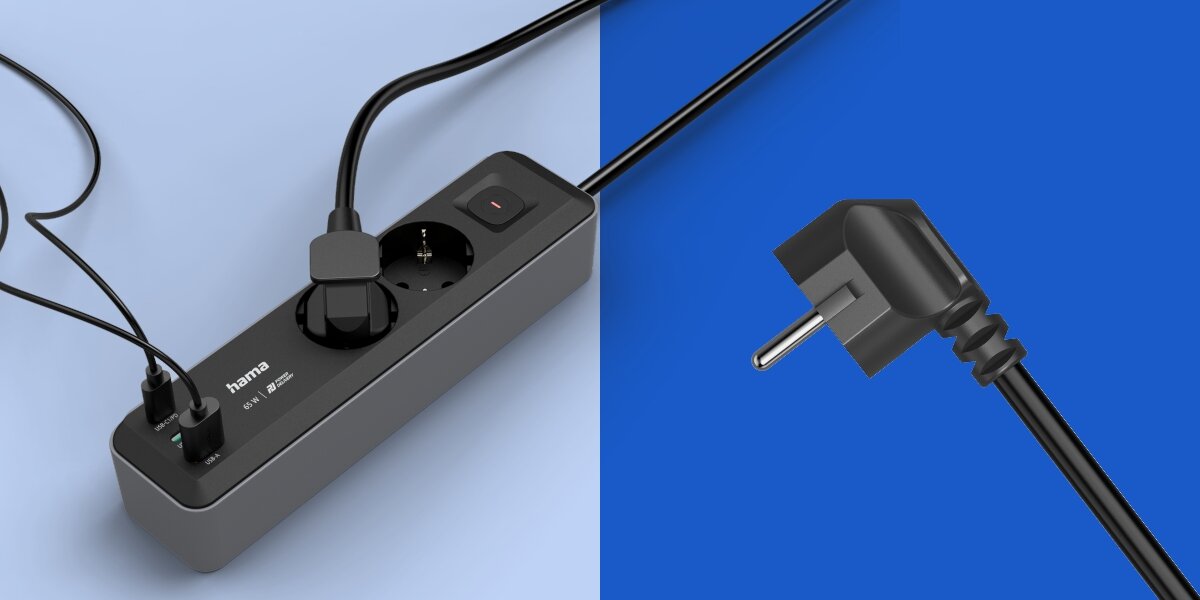 Listwa HAMA Schuko 223193 (1.4 m) - Listwa Hama umożliwiająca jednoczesne zasilanie wielu urządzeń, listwa na niebieskim tle